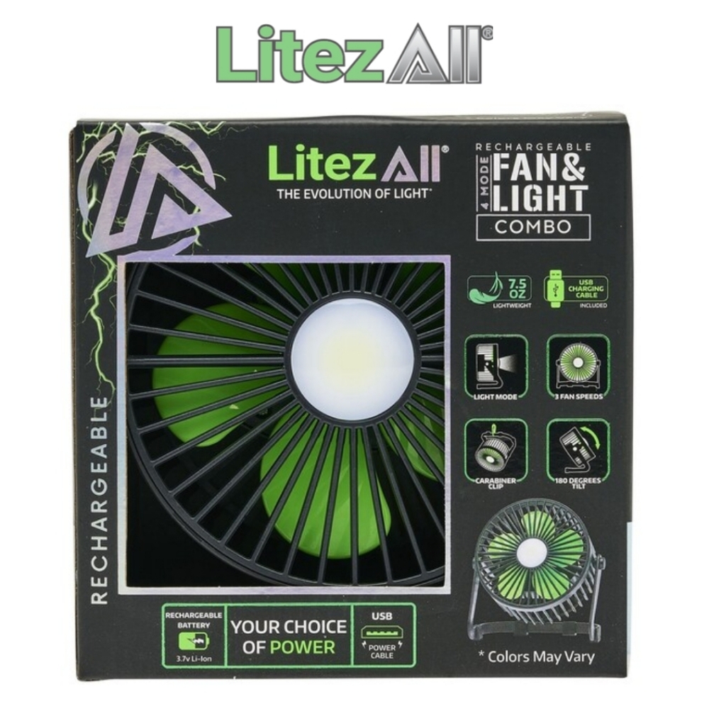 LitezAll Rechargeable USB Powered Portable 3 Speed Fan Light Combo 180° Swivel